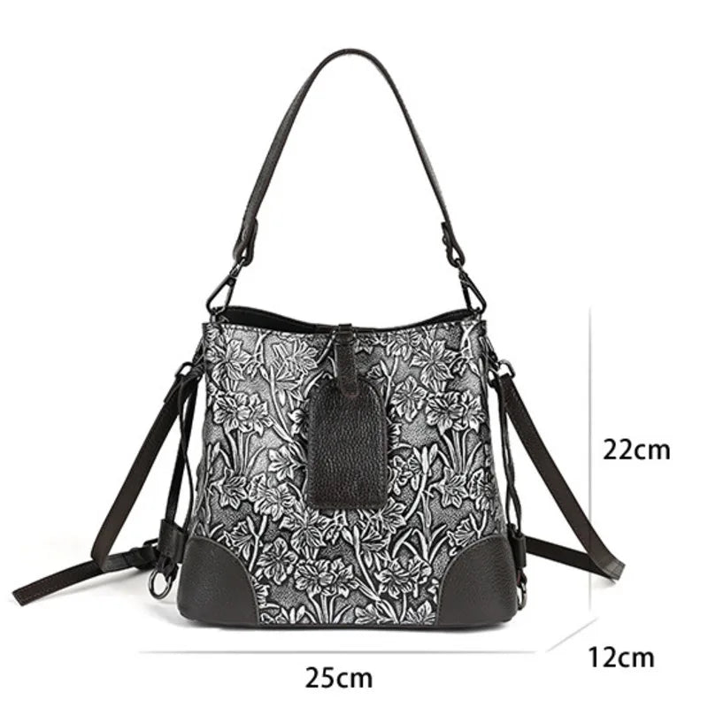 MOTAORA Retro Embossed Genuine Leather Women Shoulder Bucket Bag Luxury Cowhide Handbag Female New Large Capacity Crossbody Bags