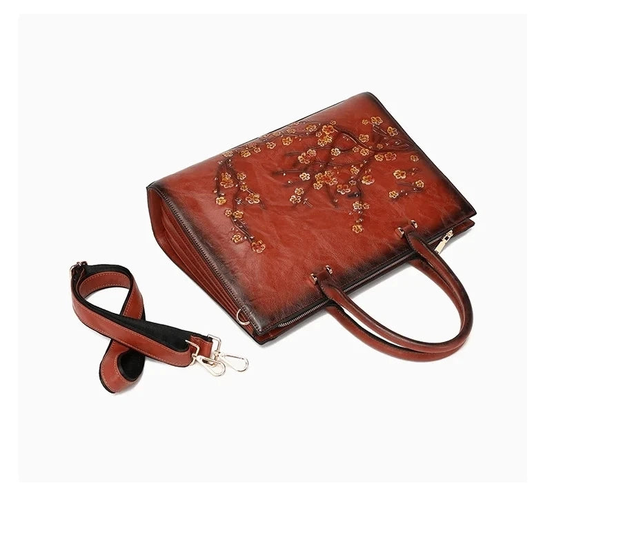 MOTAORA Vintage Embossed Women Shoulder Bag Leather Top-handle Bags Ladies Large Capacity Messenger Bags Floral Female Tote Bag