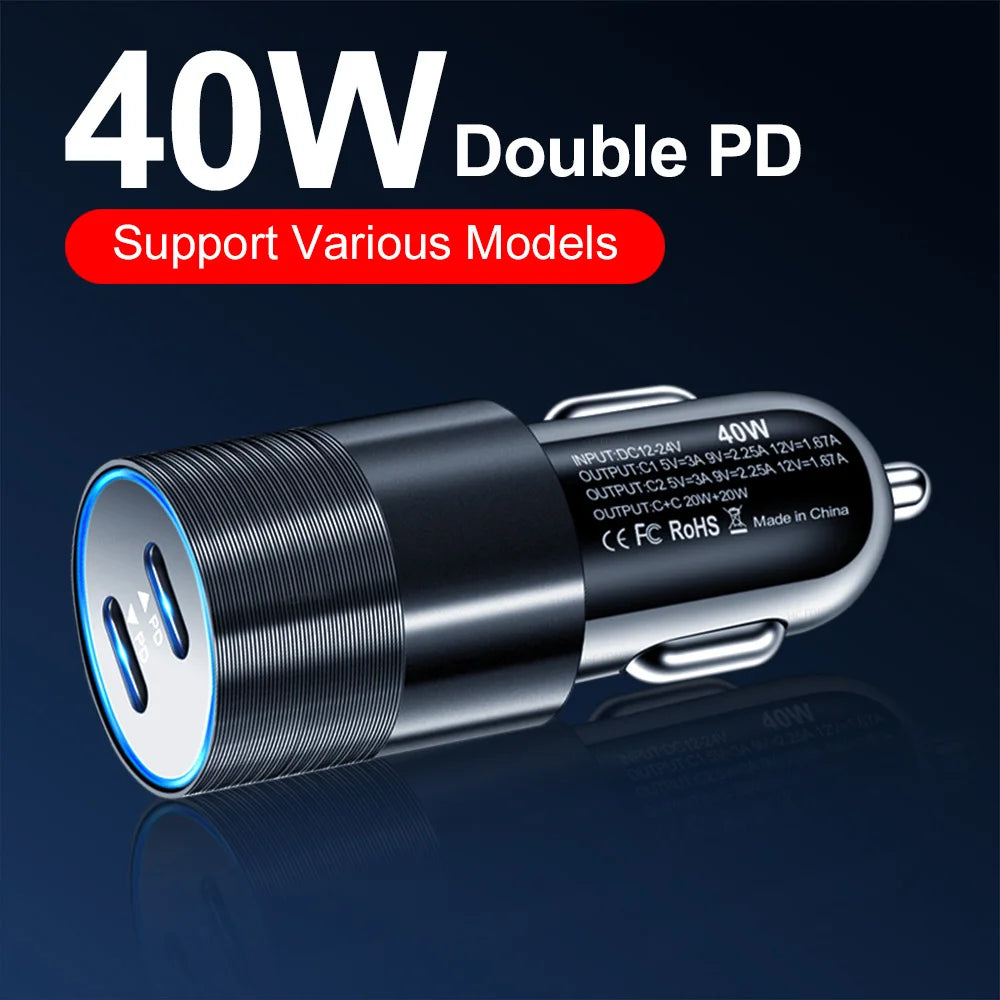 68W Dual USB Type C Car Charger Metal Auto PD Charger Adapter Fast Charging USB C Charger For CellPhone in Car For iPhone 13 12