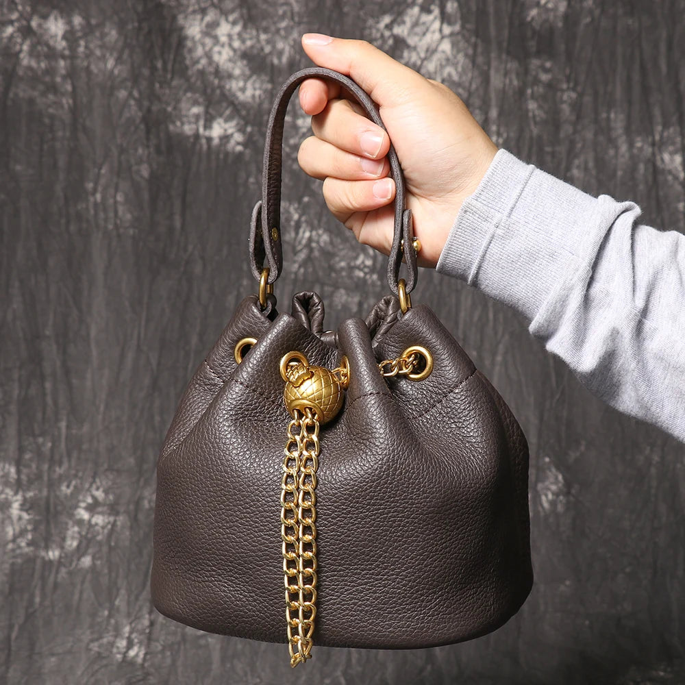 LUOKIR New Metal Drawstring Versatile Women's Handbag Genuine Leather Chain Crossbody Bag Vintage Bucket Bag Mobile Phone Bag