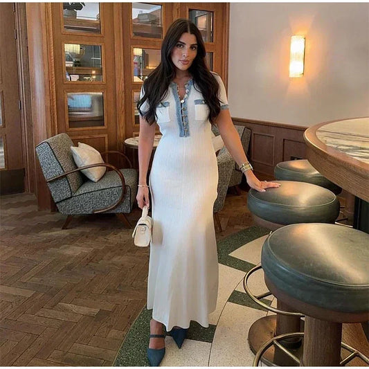 Elegant Women Knit Maxi Dress – O-Neck, Short Sleeve, Metal Buttons | 2025 Office Style