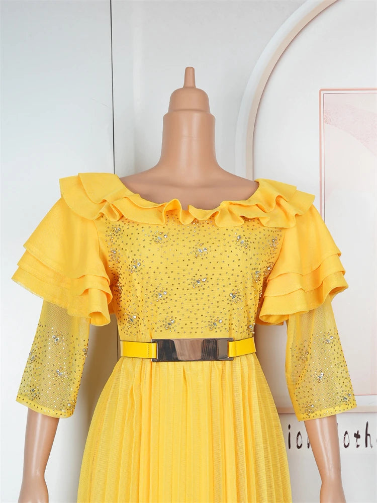 2025 Spring Long Dresses For Women Party Evening Gown African Dashiki Diamond Pleated Maxi Robe Dubai Turkey Kaftan Clothing