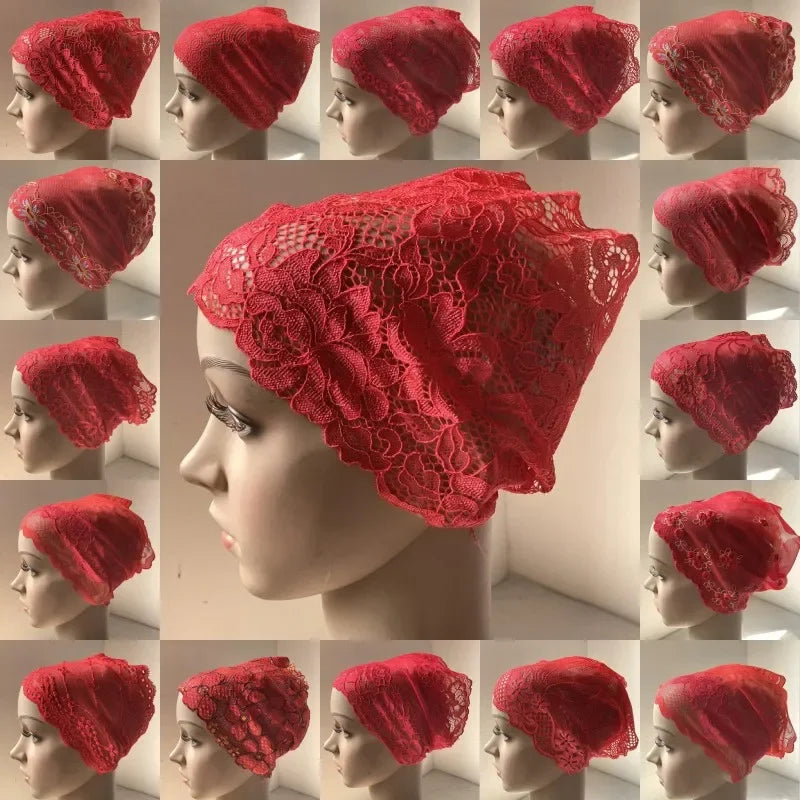 Full Cover Head Inner Cap Flower Lace Muslim Headscarf Islamic Headwear Underscarf Turban Indian Hat Pattern In Random