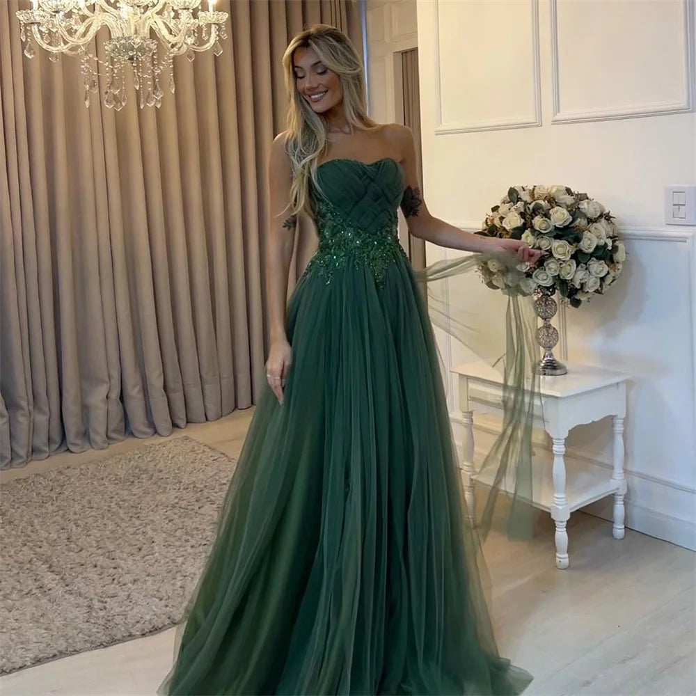 Mila A-Line Strapless Prom Dresses Embroidery Appliques Evening Dresses Sleeveless Floor-Length Tulle Customized Party Dresses