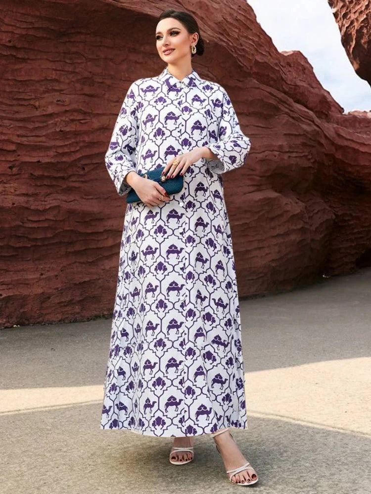 Rafiah Women's Summer Arabian Dress Mature Vibe Full Print Long Sleeve Shirt Collar Loose Fit Loose Fit Long Dresses 2025
