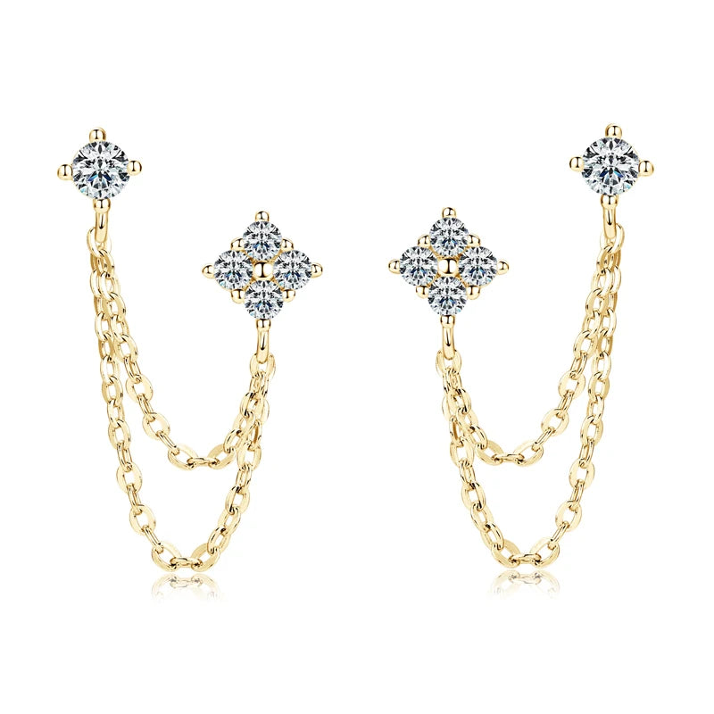 Lnngy 925 Sterling Silver Double Studs Chain Tassel Earrings GRA Certified 3mm&2mm Flower Moissanite Drop Earring For Women Gift