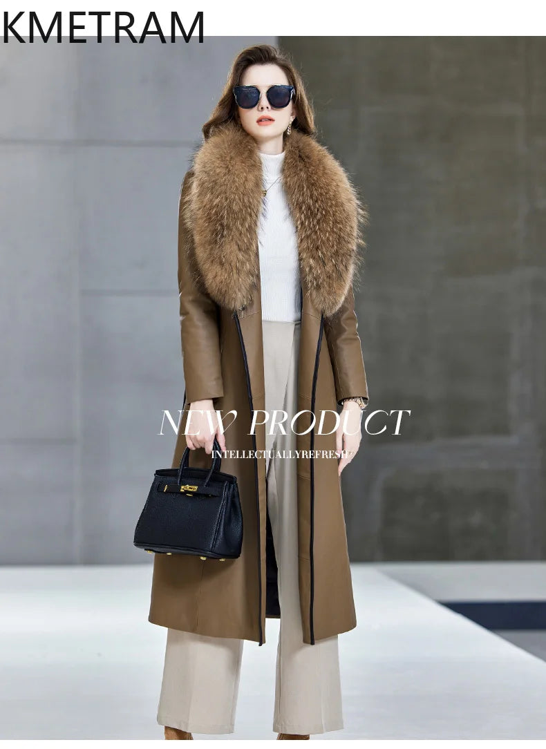 100% Sheepskin Puffer Jacket Women High Quality Long Down Coats Winter Raccoon Fur Collar Coat Womans Clothing Leren Donsjas