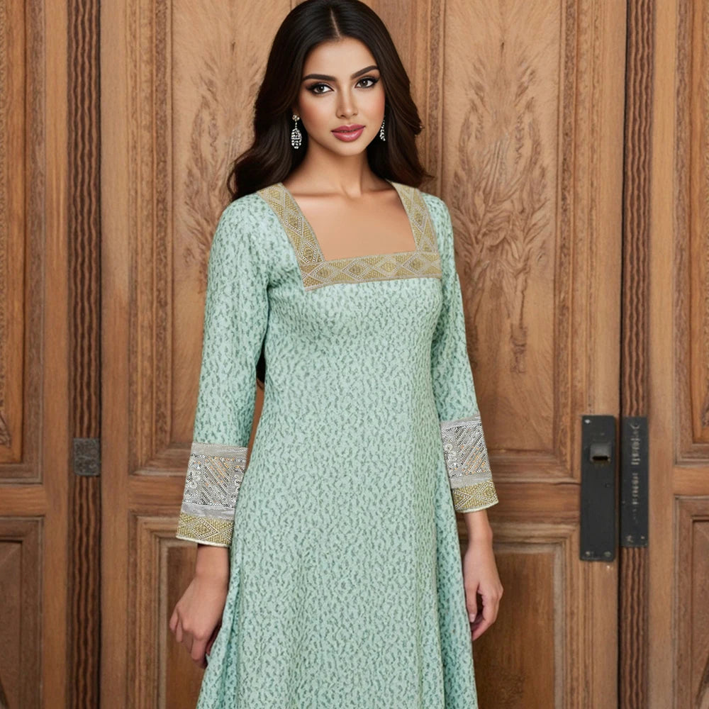 Rafiah Autumn Arabian Dress 2025 Women's Decent Full Print Long Sleeve Square Neck A-Line Daily Basic Midi Dress