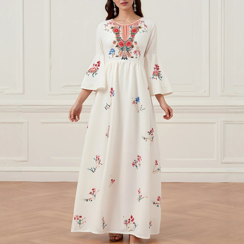 Rafiah Summer Dresses 2025 Women's Flower Graphic Printing Long Sleeve V-Neck Fit and Flare Arabian Midi Dress