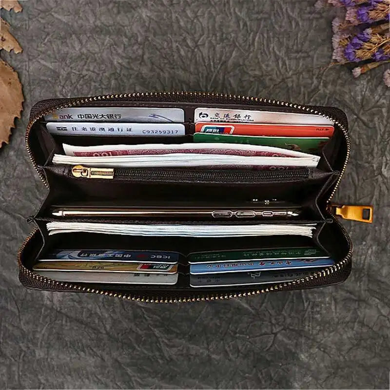 MOTAORA Genuine Cowhide Leather Women's Long Wallet with Retro Cat Print, Multi Card Slots, ID/Credit Card Holder Cash Organizer