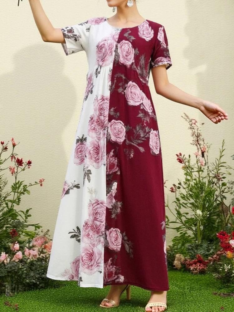 Rafiah Women's Dresses Summer Daily Comfortable Floral Patchwork Short Sleeve Crew Neck Midi Long Dress Loose Fit Shift Dresses