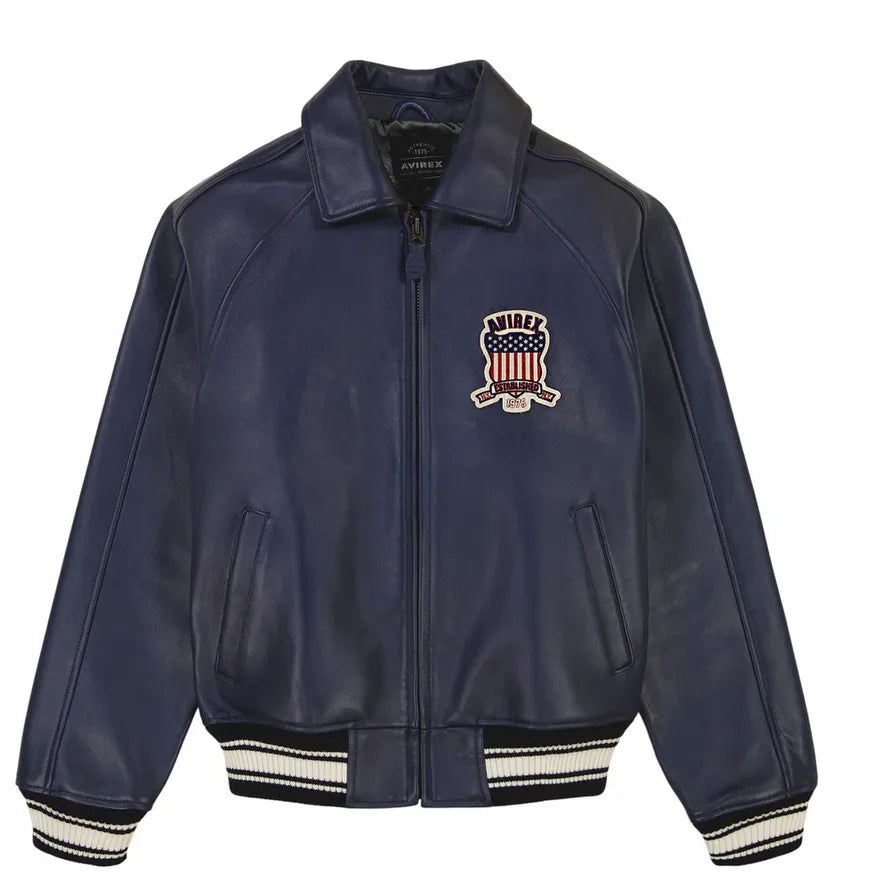 AVIREX Fall New ICON JACKET Sheepskin Leather Jacket Men's Bomber Flight Suit Embroidered Jacket Casual Top US Size Loose Fit