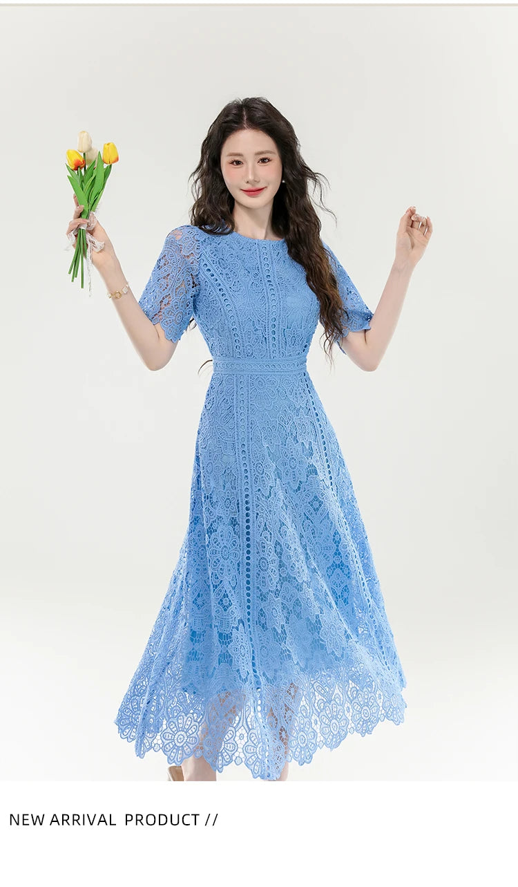 2025 New Summer French Elegant Fashion Evening Dress Women Lace Hollow Out Crochet Party Dress Casual Chic Holidays Clothing