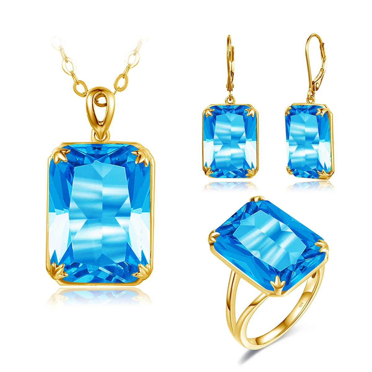 Classic Jewelry Sets for Women 18K Gold Plated Aquamarine Ring Earrings Pendant Silver 925 Anniversary Wedding Quality Gifts