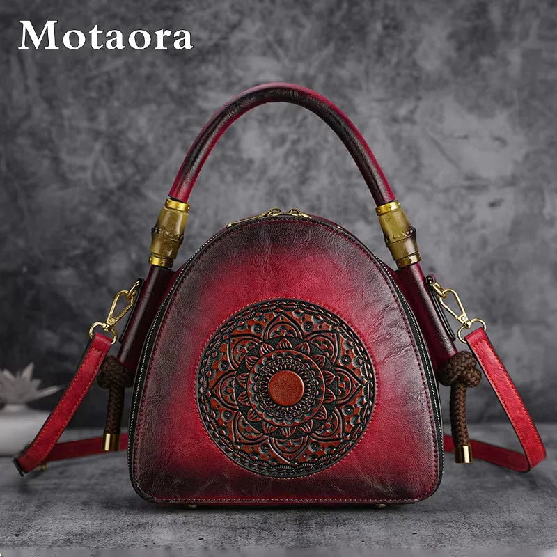 MOTAORA Bamboo Top Handle Embossed Leather Shoulder Bag, Vintage Bohemian Crossbody Purse for Women Handmade Large Capacity Tote
