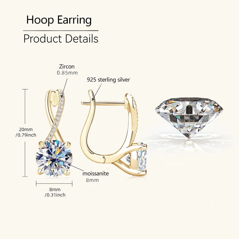 Lnngy ohrringe silber 925 Sterling Silver Hoop Earring GRA Certified 8MM 2ct Moissanite Infinity Earring For Women Daily Jewelry