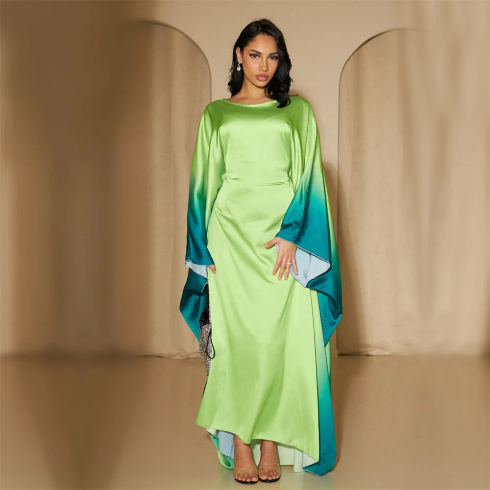 Gradient Color Shiny Batwing Satin Maxi Abaya Dubai Luxury 2024 Abayas For Women Muslim Kaftan Dress Islam Caftan Marocain Femme