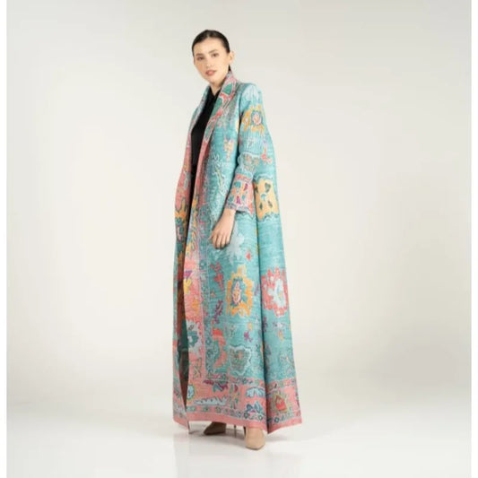 KAF Pleated Women Large Size Trench Coat 2024 Spring and Autumn New Vintage Printed Design Female Robe Arab Luxury Abaya