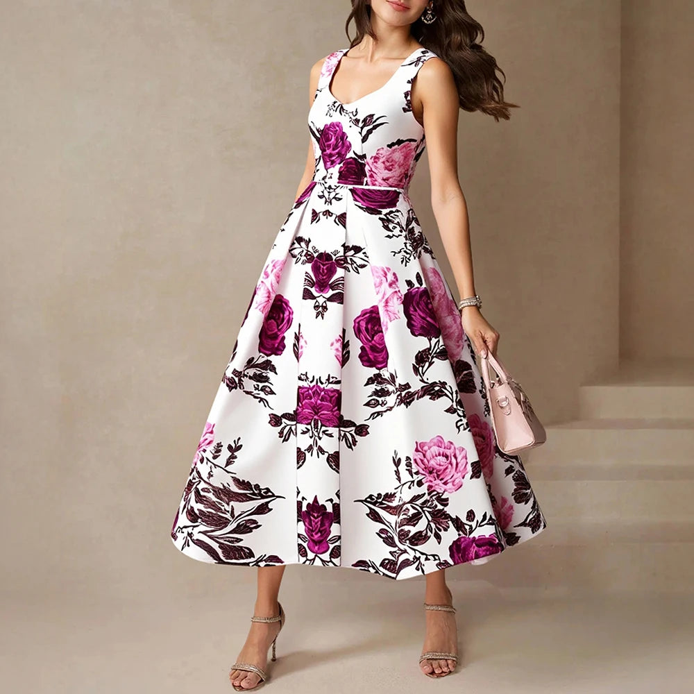 Rafiah Women's Dresses Summer Elegant Fashion 2025 Floral Decent Sleeveless V-Neck Midi Sweet Dating Long Dresses