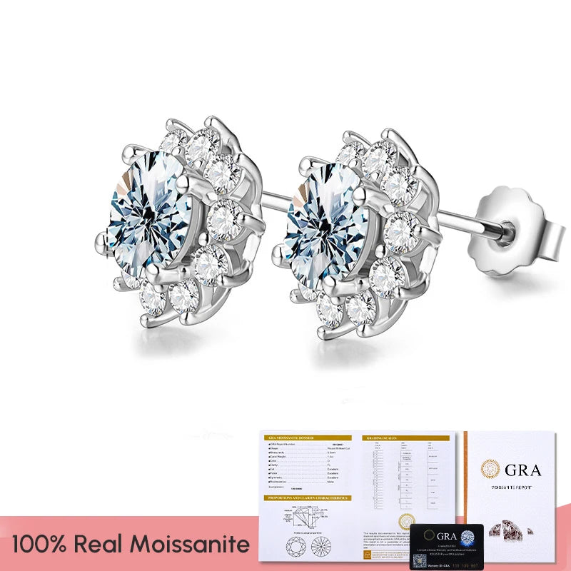 GRA Moissanite Diamond Unusual Halo Sun Flower Stud Earrings for Women 925 Sterling Silver Solitaire Wedding Party Fine Jewelry