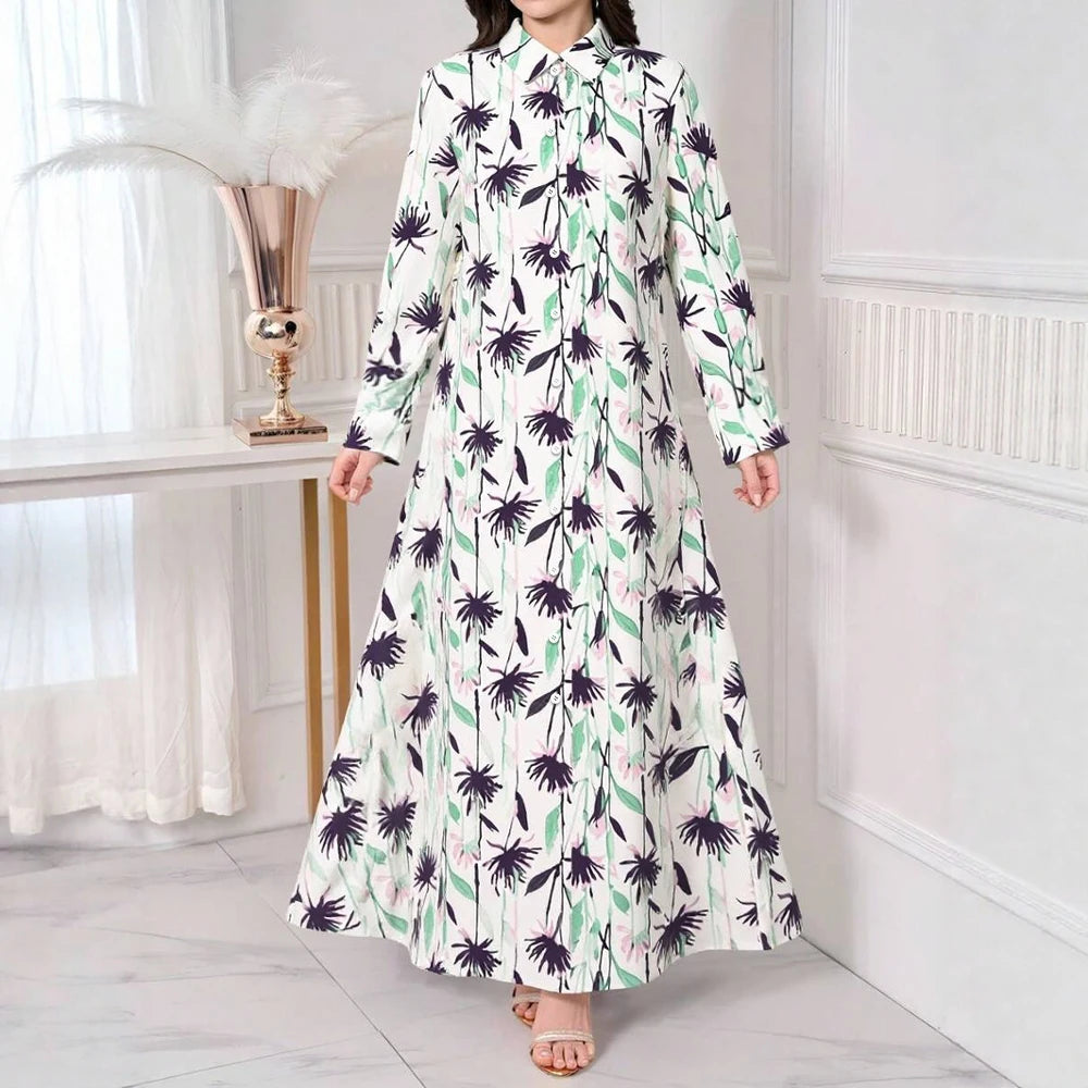 Rafiah Women's Arabian Dress Summer Fashion Basics Button Patchworkr Long Sleeve Crew Neck Midi A-Line Long Casual Dress