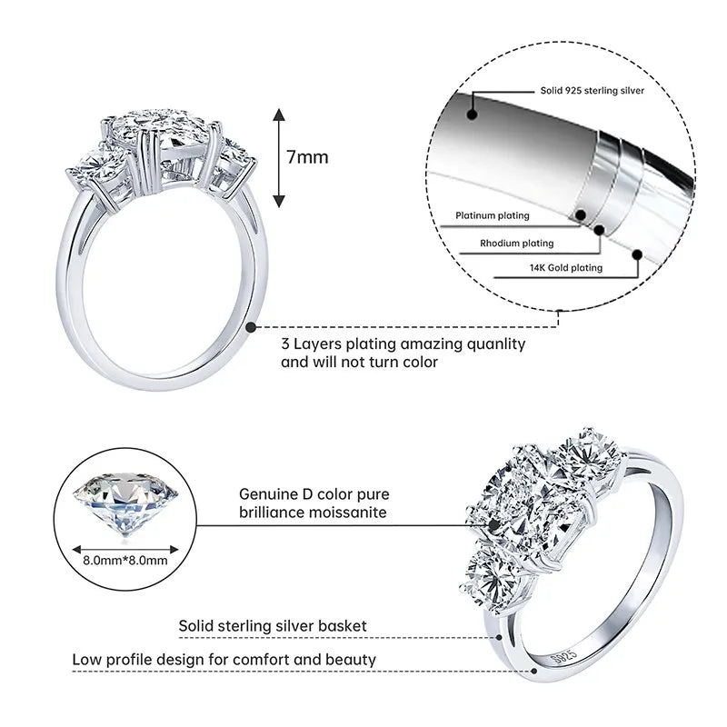 Lnngy Round Cushion Cut Moissanite Engagement Ring for Women 925 Sterling Silver Three Stone Wedding Ring Sparkling Jewelry Gift
