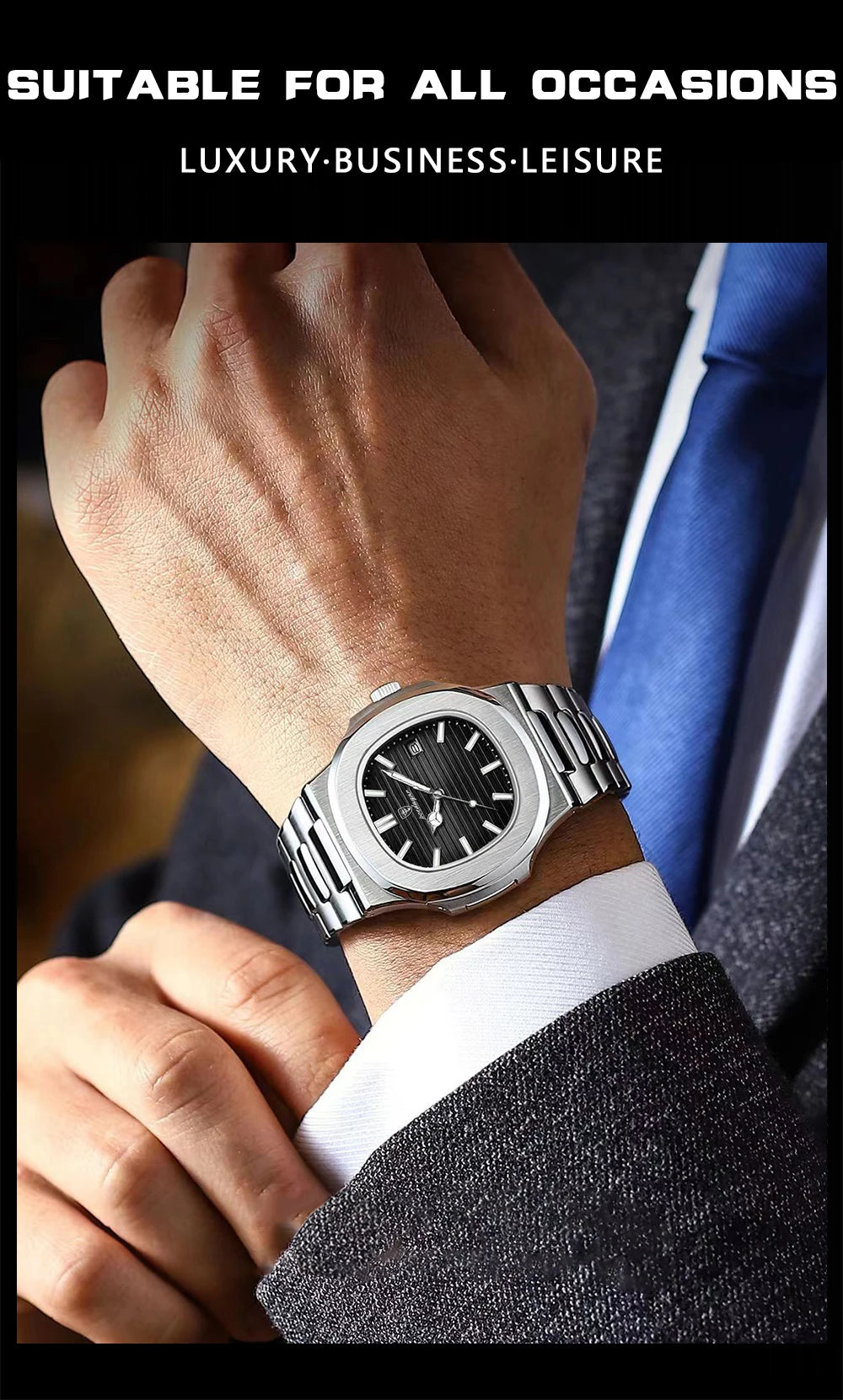 POEDAGAR Square Luxury Men Wristwatch Waterproof Luminous Date Stainless Steel Male Clock Business Sports Quartz Watches For Men