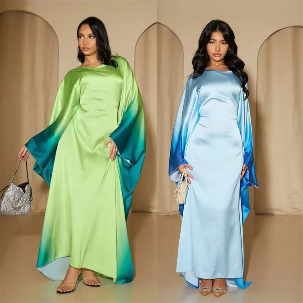 Gradient Color Shiny Batwing Satin Maxi Abaya Dubai Luxury 2024 Abayas For Women Muslim Kaftan Dress Islam Caftan Marocain Femme