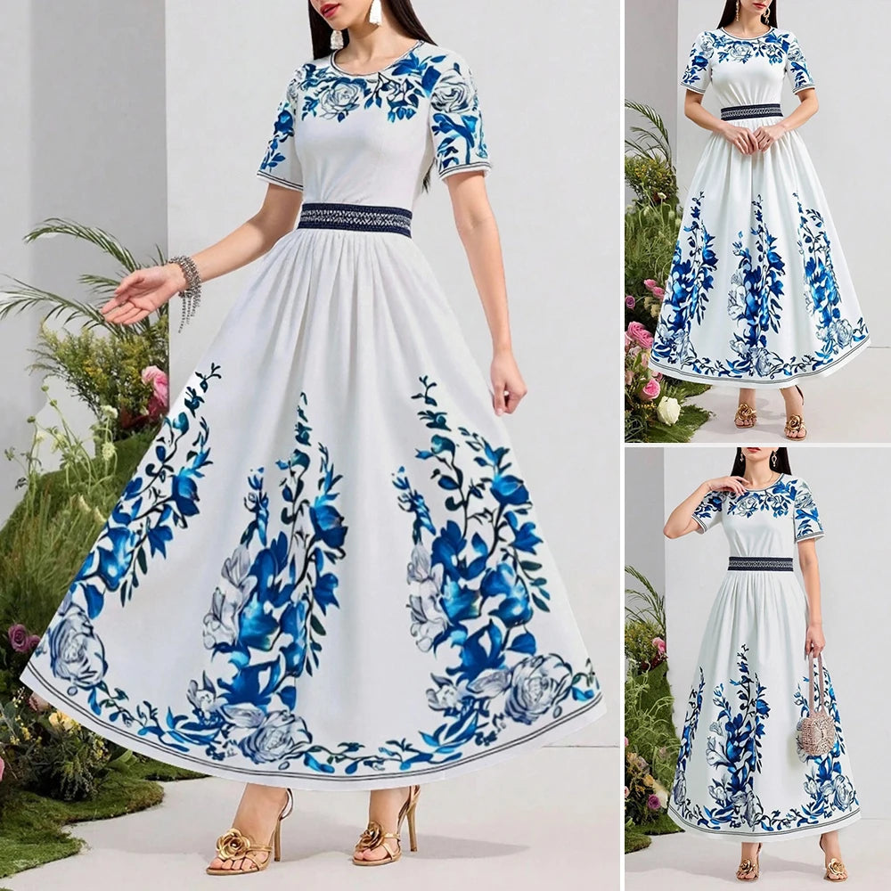 Rafiah Women's Arabian Dress Spring Summer Fashion Floral Short Sleeve Round-Neck A-Line Arabian Dress For Women
