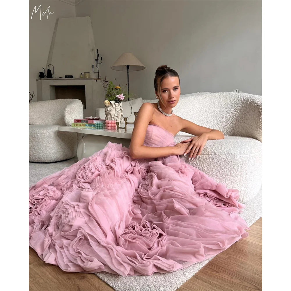Mila Pink Strapless Boll Gown Prom Dress 3D Flower Tra-length New In Dresses Homecoming Tiered Ruffle Customized Evening Dresses