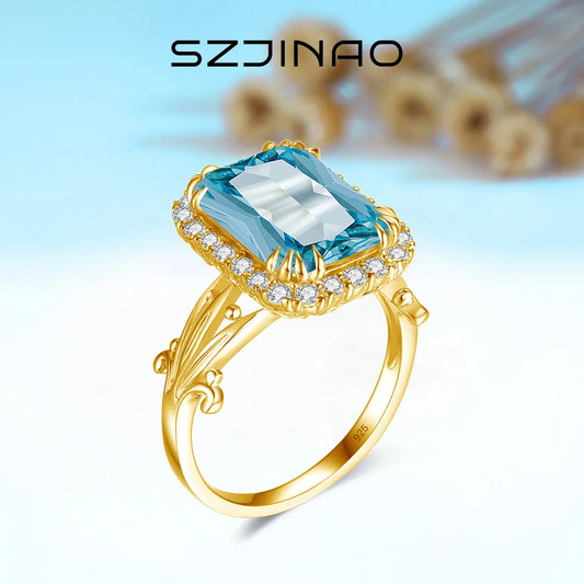 Szjinao High Quality Woman Ring 925 Sterling Silver Aquamarine Rings Gold Plated Luxury Elegant Banquet Party Fine Jewelry