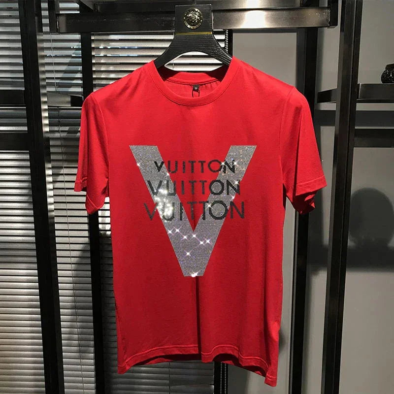 2025 Men's V-Pattern Rhinestone T-Shirt – Short Sleeve Mercerized Cotton Top