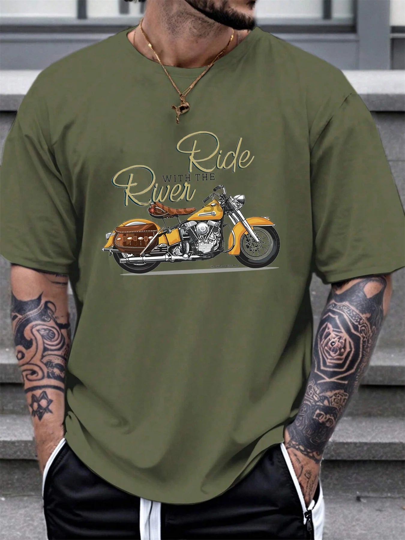 🏍️ Men’s Summer 100% Cotton Casual T-Shirt,Classic Retro Motorcycle Print | Loose Fit | Breathable Comfort