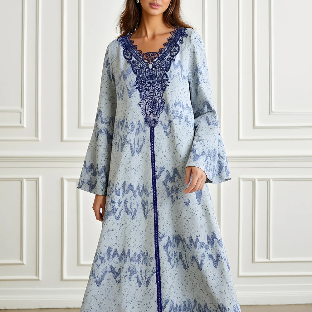 Rafiah Women's Dresses Summer Elegant Decent 2025 Print Long Sleeve V-Neck Midi A Line Casual Long Dress