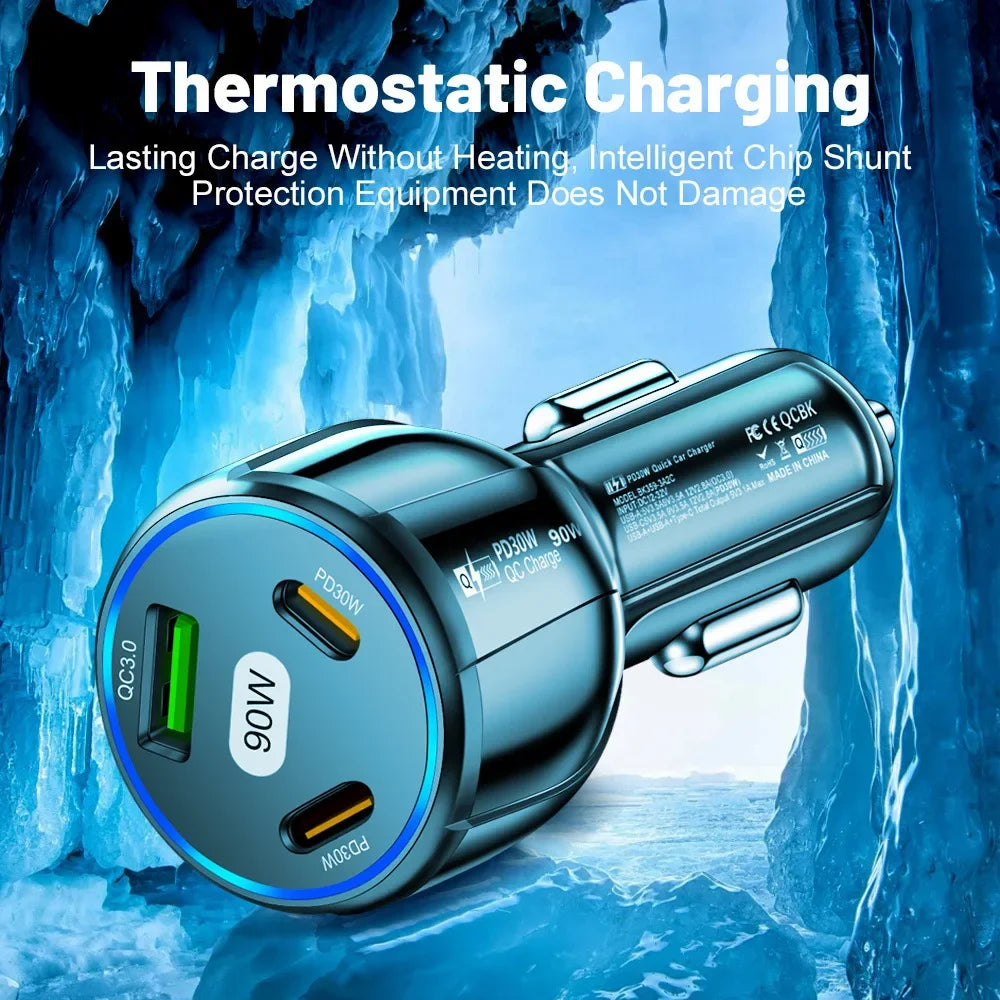 90W Fast Charger 3 Ports PD USB Car Charging Mobile Phone Type-C Adapter Quick Charger in Car for iPhone 14 15 Pro/Max Samsung