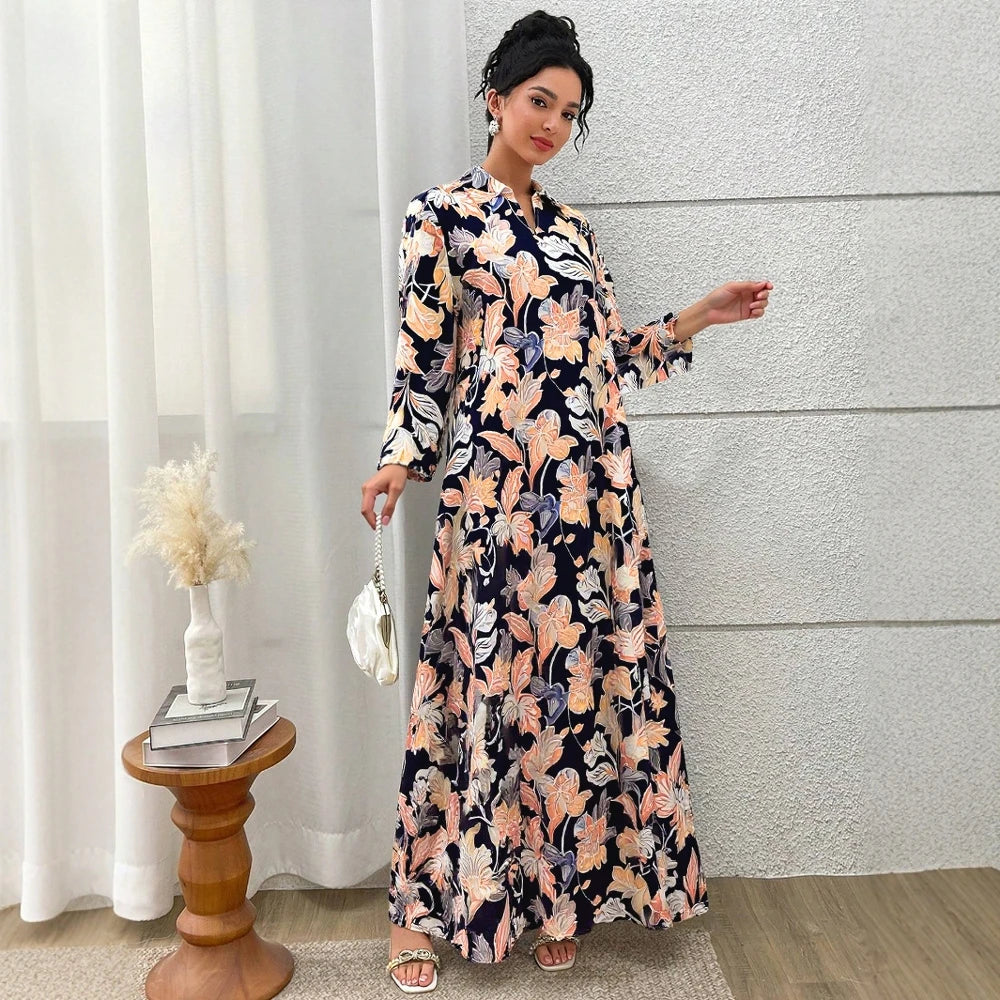 Plus Size Rafiah Women's Summer Arabian Dress 2025 Botanical Print Long Sleeve Lapel Draped Loose Fit Long Dress