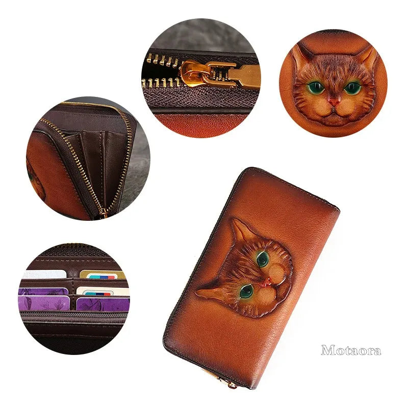 MOTAORA Genuine Cowhide Leather Women's Long Wallet with Retro Cat Print, Multi Card Slots, ID/Credit Card Holder Cash Organizer
