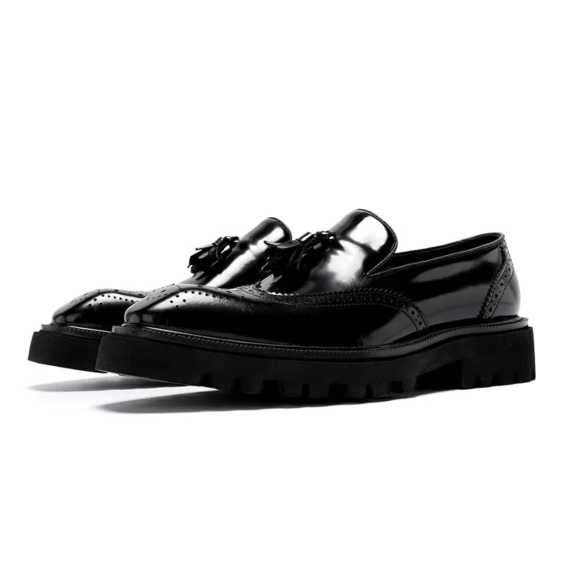 Mens Genuine Leather Loafers Summer Slip On Breathable Thick Sole Brogue Tassel Casual Dress Shoes
