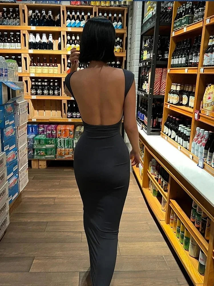 Women Solid Sexy Backless Maxi Dress Women Elegant Elastic Slim Short Sleeve Long Dresses Female Bodycon Streetwear Clothing