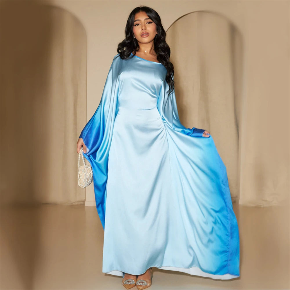 Gradient Color Shiny Batwing Satin Maxi Abaya Dubai Luxury 2024 Abayas For Women Muslim Kaftan Dress Islam Caftan Marocain Femme