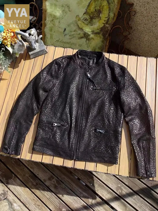 New Designer Spring Autumn Mens Goatskin Genuine Leather Jacket Slim Fit Stand Collar Zipper Punk Stage Show Leather Coat 5XL