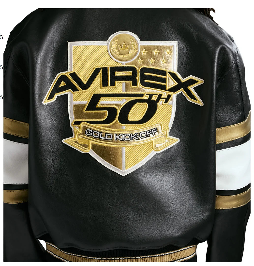 AVIREX Spring 2025 New Release Limited Edition European Sheepskin Jacket Gold Badge Embroidered 50TH ANNIVERSARY  Leather  coat