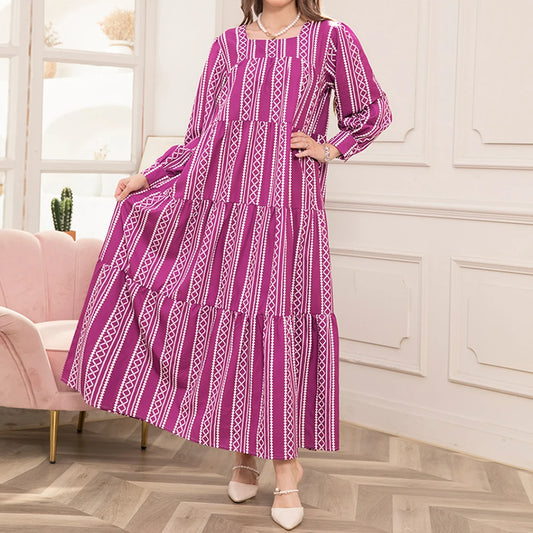 Rafiah Summer Arabian Dress 2025 Casual Basics Stripes Long Sleeve Square Neck A-Line Midi Long Dress For Women