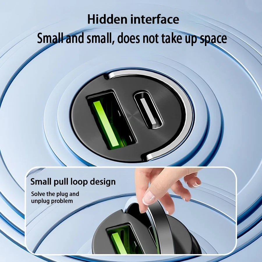 شاحن سيارة صغير مخفي مزود بحلقة سحب USB+TYPE C شاحن سريع مناسب لمجموعة متنوعة من أجهزة الهواتف المحمولة
