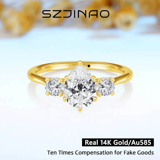 14k Gold Full Moissanite Diamond Ring for Women Teardrop Shape D VVS1 Bright Cut Genuine Au585 for Wedding Engagement Party Gift