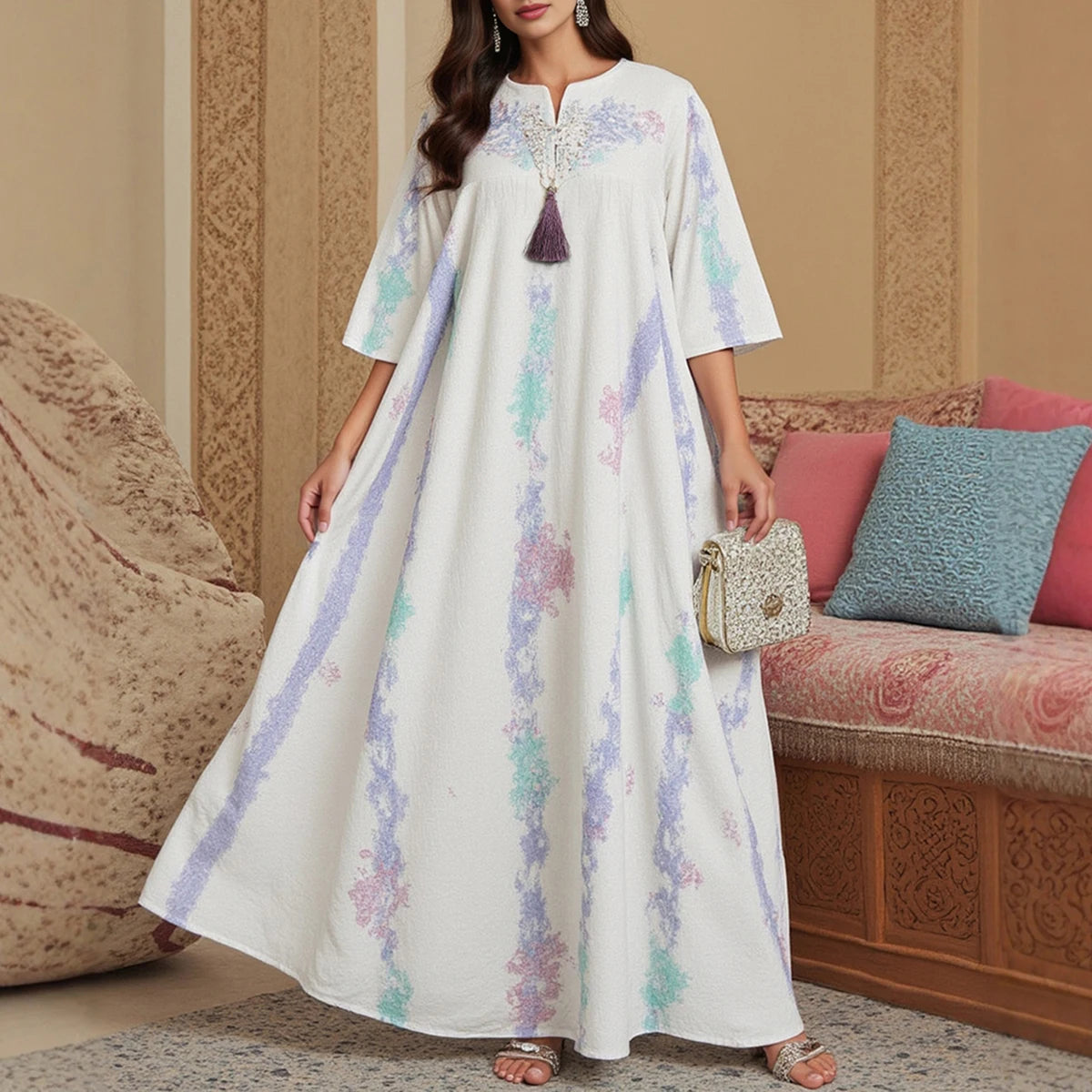 Rafiah Summer Arabian Dress 2025 Women's Decent Full Print Tassel Short Sleeve Split Neck Draped Daily Basic Midi Dress