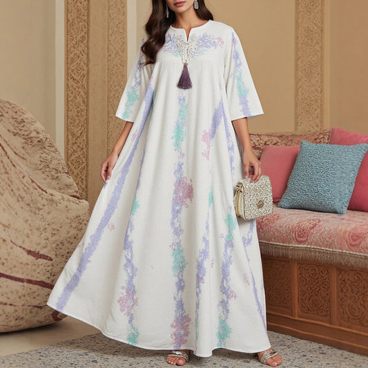 Rafiah Summer Arabian Dress 2025 Women's Decent Full Print Tassel Short Sleeve Split Neck Draped Daily Basic Midi Dress