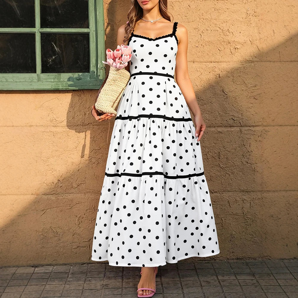 Rafiah Women's Summer Long Arabian Dress Fashion Decent Polka Dot Sleeveless V-Neck Midi Cami Dating Dresses