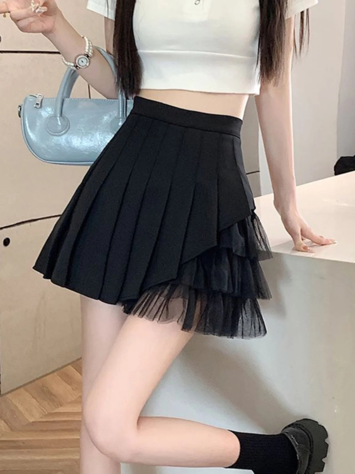 Slimming A-Line  Skirt for ort Women High Waist Pleated Commuter Sle Net Gauze f Body Skirts Fem Faion