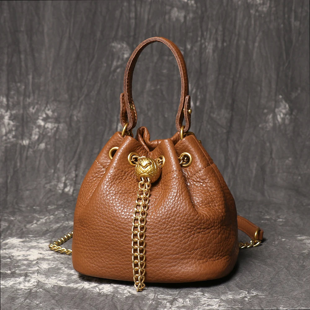 LUOKIR New Metal Drawstring Versatile Women's Handbag Genuine Leather Chain Crossbody Bag Vintage Bucket Bag Mobile Phone Bag